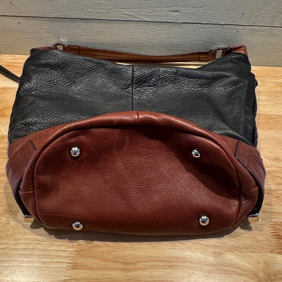 B. Makowsky Mahogany Brown & Black Pebble Leather Shoulder Bag Purse & Dust Bag - Picture 5 of 12